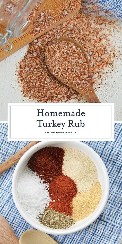 Homemade Turkey Rub is a blend of 6 easy spices and herbs to make for a flavorful and delicious roast turkey! Use it on chicken, beef and more! #turkeyrubrecipe #homeademturkeyrub #thanksgivingturkey www.savoryexperiments.com Best Turkey Rub Recipe, Best Turkey Seasoning, Smoked Turkey Rub Recipes, Smoked Turkey Rub, Turkey Rub Recipes, Rotisserie Turkey, Turkey Rub, Turkey Seasoning, Turkey Spices