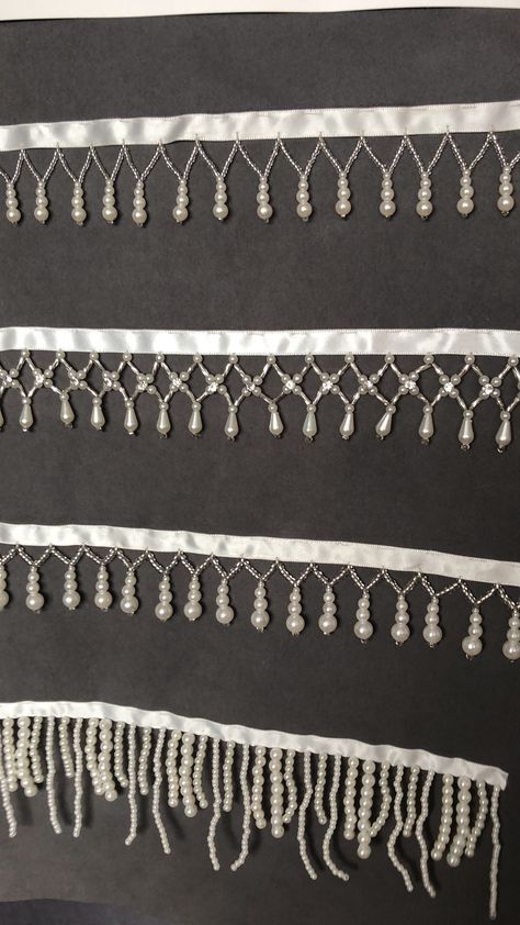 Beaded Fringe Patterns, Latkan Lace Design, Diy Beaded Fringe Trim, Bead Fringe Dress, Embroidery With Beads On Clothes, Edge Beading, Beaded Fringe Trim, Beaded Edging, Pearl Fringe