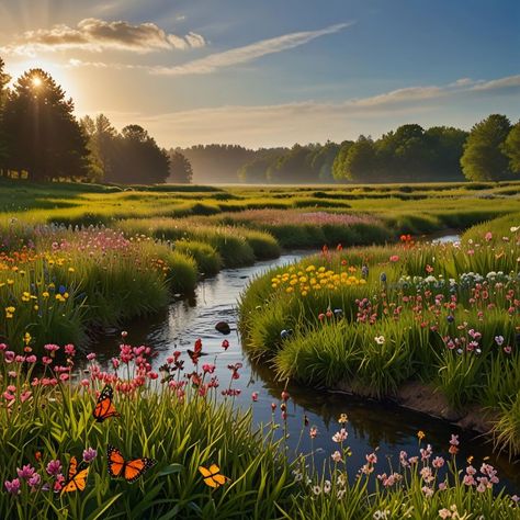 spring meadow with blooming flowers - Digital Arts Flowery Meadow, Lakeside Cabin, Acacia Tree, Digital Art Photography, Spring Meadow, Flowers Digital, Mountain Lake, Crystal Clear Water, Blooming Flowers