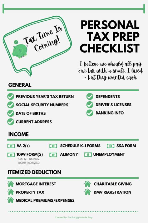 Tax Season Is Coming!

Review this checklist to make sure you have everything you need before your appointment with your CPA, tax preparer or file your own taxes.

#PersonalTaxes #TaxOrganization #Prepchecklist Tax Return Checklist, Tax Preparer Business Marketing, Personal Tax Deductions List, Filing Taxes Tips, Tax Marketing Ideas, How To Become A Tax Preparer, Tax Season Quotes, Business Tax Checklist, Itemized Tax Deductions List