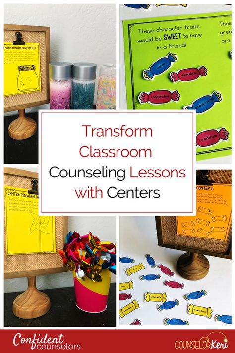 Give your large whole group classroom guidance lessons a small group counseling feel by using school counseling centers in your lessons! Use a quick mini lesson before breaking into small groups for center exploration. Counseling Room, School Counselor Lessons, Child Guidance, School Counseling Activities, Guidance Counseling, School Counseling Lessons, Group Counseling, Class Rules, Counseling Lessons