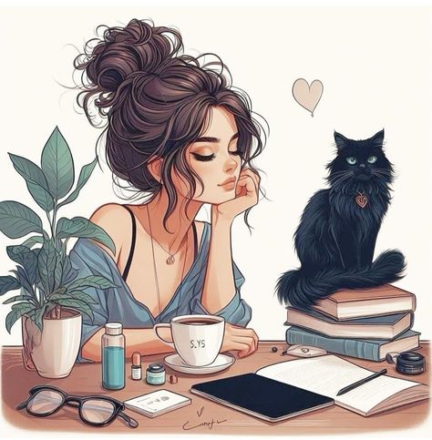 Office Inspiration Wallpaper, Cute Girly Illustrations, Book And Cat, Mix Tiles, Woman With Cat, Image Girly, Art Images Pictures, Girl With Cat, Illustration Kunst