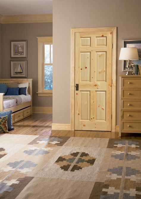 Masonite® | Knotty Pine | 6 Panel Interior Doors Knotty Pine Trim And Doors, Knotty Pine Trim Interior, Natural Pine Trim, Pine Trim And Baseboards, Pine Trim Interior, Pine Baseboards, Pine Doors Interior, Pine Wood Door, Knotty Pine Trim