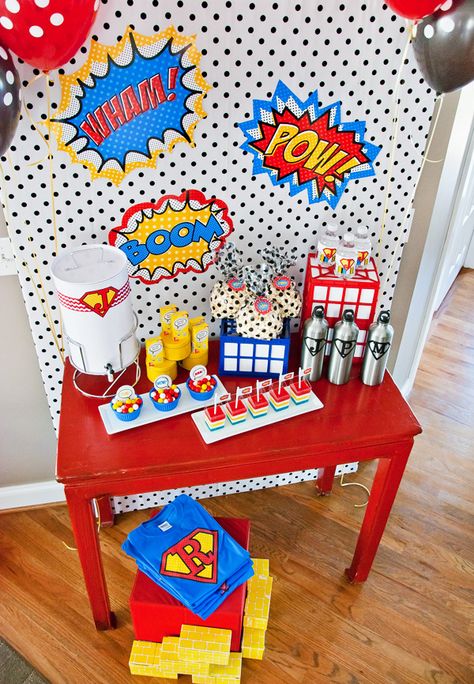 {Budget Friendly} Comic Book Style Super Hero Party // Hostess with the Mostess® Comic Party, Superhero Baby Shower, Wonder Woman Party, Wonder Woman Birthday, Superman Birthday, Baby Superhero, Super Party, Superhero Birthday Party, Mia 3