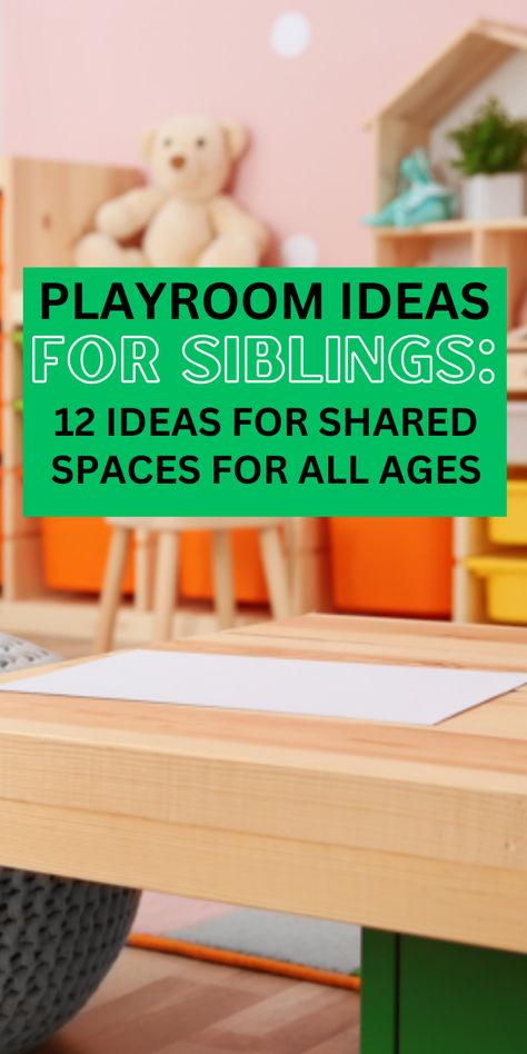 Pinterest pin titled '12 SHARED Playroom Ideas For Siblings (Same Or Different Ages!)': An image of a well-designed playroom, offering creative ideas for shared play spaces among siblings of varying ages. Brother And Sister Playroom Ideas, Playroom Multiple Ages, Split Playroom Ideas, Multipurpose Playroom Ideas, Large Playroom Layout, Multi Age Playroom Ideas, Playroom For All Ages, School Age Playroom Ideas, Mixed Age Playroom