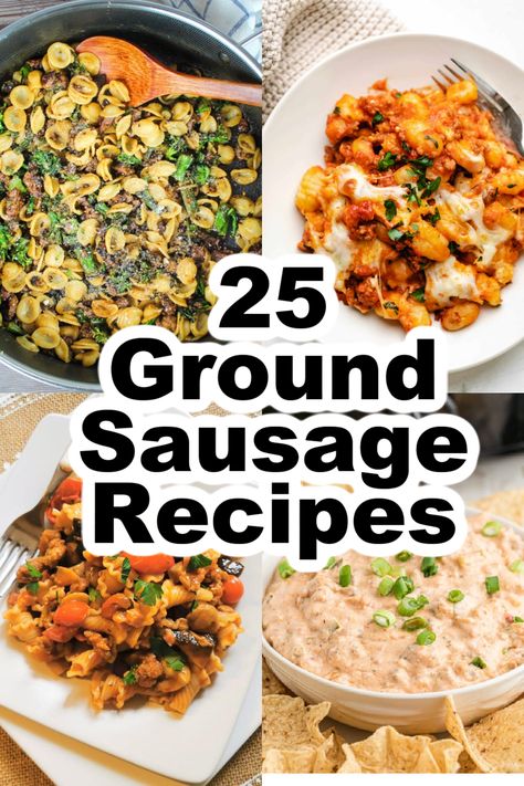 My roundup of easy ground sausage recipes can give you a quick dinner idea on weekdays or a perfect weeknight dinner! Ground sausage is a versatile ingredient that can turn any meal into a satisfying feast for the entire family. From hearty pasta meals to comforting casseroles, these recipes promise to delight your taste buds and make a satisfying meal every time! One Pot Meals With Sausage, Quick Ground Sausage Recipes, Ground Sausage Lunch Ideas, What To Make With Sausage Dinners, Ground Breakfast Sausage Recipes Dinners, Making Sausage From Ground Pork, Pork Sausage Casserole Recipes, Dinner Ground Sausage, Recipes With Ground Breakfast Sausage