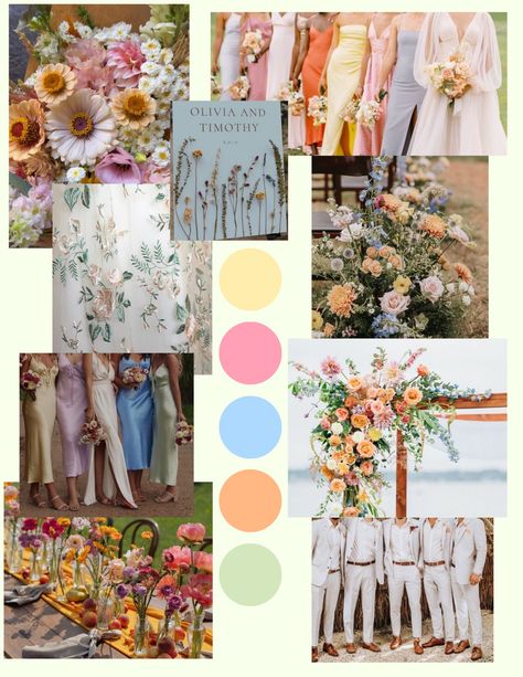 Garden Party Wedding Reception Food, Whimsical Floral Arrangements Wedding, Falling For Spring Wedding, Wildflower Wedding Color Pallet, Whimsical Garden Wedding Color Palette, Midsummer Wedding Theme, Fun Wedding Color Schemes, Spring Mexican Wedding, Colorful Wedding Color Schemes