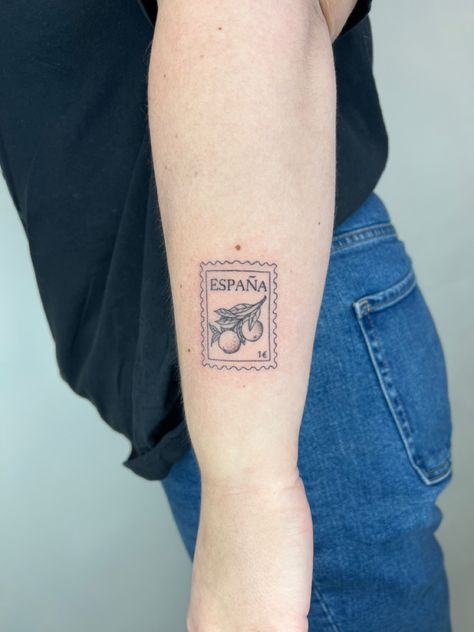 Spain Small Tattoo, Spaniard Tattoo Ideas, Madrid Spain Tattoo, Spain Travel Tattoo, Madrid Stamp Tattoo, Orange Post Stamp Tattoo, Spain Postage Stamp, Orange Postage Stamp Tattoo, Spain Tatoos Ideas