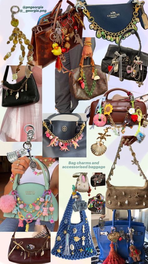 A collage showcasing various bags adorned with a variety of decorative charms and accessories. The bags range from luxury brands like Coach and Louis Vuitton to trendy handcrafted pieces, each customized with colorful charms, keychains, and embellishments. The image captures a diverse mix of styles, highlighting how bag charms can transform any accessory into a unique fashion statement. Diy Bag Charm, Moda Rock, Stylish School Bags, Accessorize Bags, Girly Bags, Bag Charms, Vintage Keys, Chic Bags, Handbag Charms