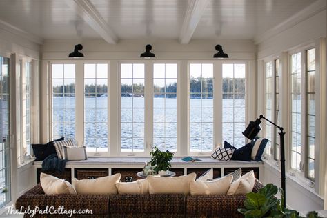 Lake House Sunroom - it's done! - The Lilypad Cottage Sunroom perfection! Lake House Sunroom, Lake House Living Room Decor, House Sunroom, Lilypad Cottage, Lake House Living Room, Sunroom Decorating, Sunroom Designs, Home Theaters, Coastal Living Rooms