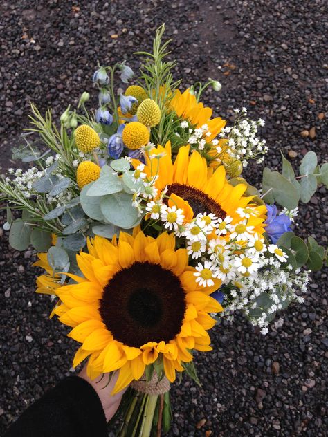 Shabby chic Sunflower, Daisy and Delphinium bouquet Sunflower And Daisy Arrangements, Daisys And Sunflowers, Sunflower And Daisy Bouquet, Sunflower And Lavender, Delphinium Bouquet, Sunflower And Daisy, Lily Of The Valley Bouquet, Iris Bouquet, Mini Bouquets