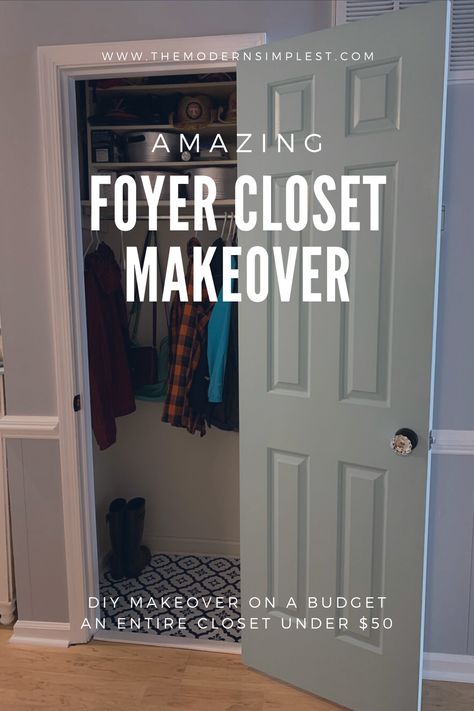 DIY foyer closet makeover under $50. Love the results and done in no time! Hall Coat Closet Organization, Foyer Closet Makeover, Hall Coat Closet, Front Closet Makeover, Small Entry Closet Ideas, Coat Closet Design, Entry Closet Ideas, Hall Closet Makeover, Entry Closet Makeover