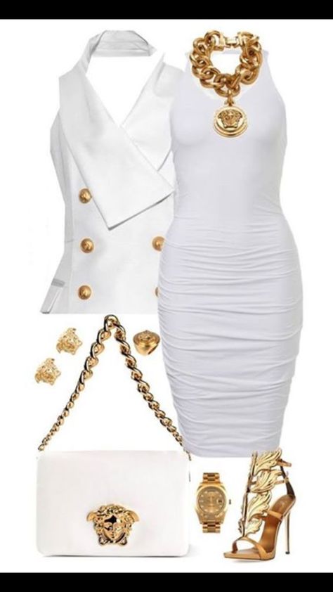 White and gold party outfit Outfit Drawings, Dresses Images, Dresses Dinner, Outfit Classy, Afrikaanse Mode, Gold Outfit, Outfit Party, Outfits Classy, Outfit Chic