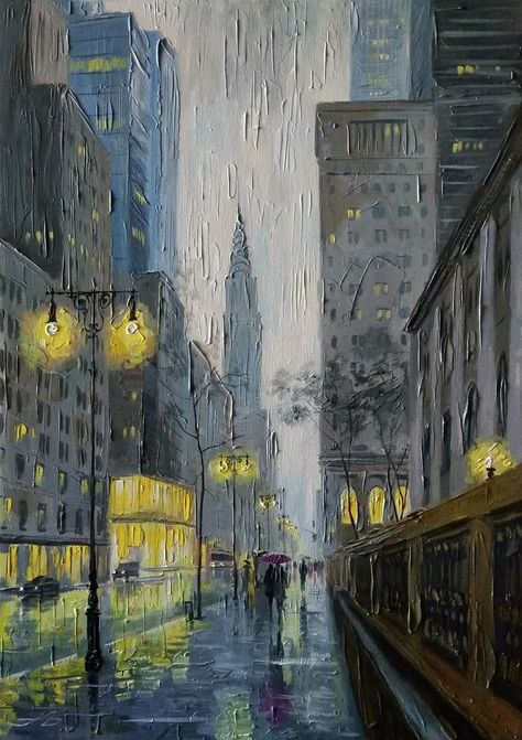 Urban Landscape Art, New York Painting, Street New York, 42nd Street, City Painting, Seni Cat Air, Impressionism Art, New York Art, Aesthetic Painting