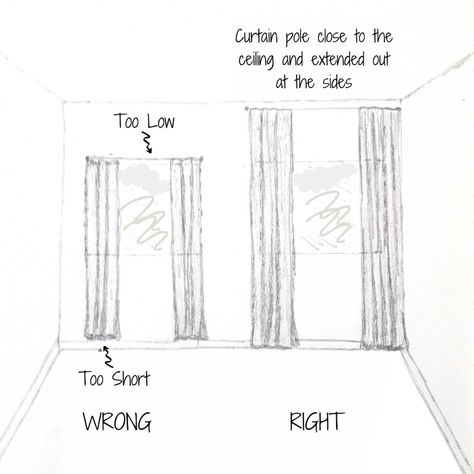 Today, I'm sharing how to hang curtains properly. We'll discuss the do's and don'ts of hanging curtains and how avoiding some common mistakes can make your windows and your room look bigger and more put together. We'll answer questions like, how a room's purpose affects your curtain choices, which style of curtain pole is best for your room, what width and height to hang your curtains, whether or not your curtains are supposed to touch the floor and more! Plus, free downloadable design guide! Curtains To Make Window Look Bigger, Making A Window Look Bigger, How To Put Curtains, Curtain Width Guide, How To Make Windows Look Bigger, How To Hang Curtains Properly, Curtain Height Guide, Hang Curtains From Ceiling, Beige Curtains Living Room