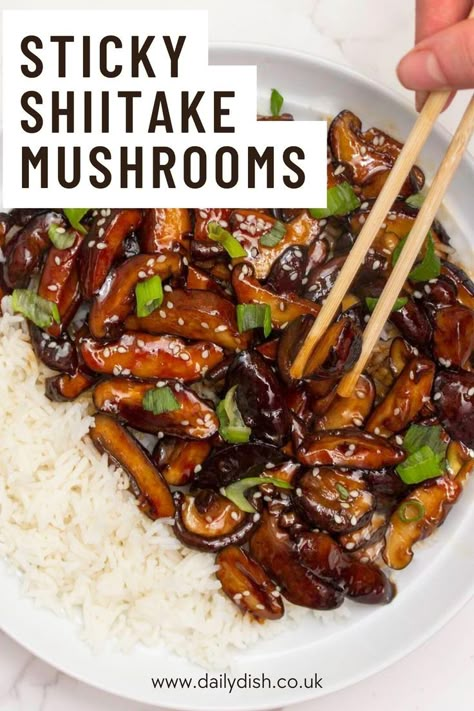 sticky shiitake mushrooms recipes Baked Mushroom Recipes, Shiitake Recipes, Dinner With Mushrooms, Shiitake Mushrooms Recipes, Soy Glaze, Vegan Meat Recipe, Mushroom Dish, Shiitake Mushrooms, Harvest Recipes