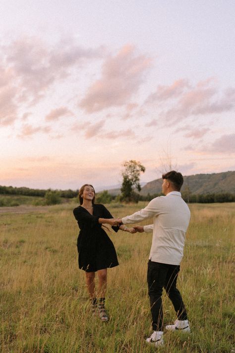 Couples Pose Photoshoot, Late Summer Couples Photoshoot, Simple Fall Couple Pictures, End Of Summer Couple Photoshoot, Engagement Photos Stone Wall, Aesthetic Couples Pic, Movement Poses For Couples, Couples Mountain Photoshoot Summer, Engagement Photos To Show Off The Ring