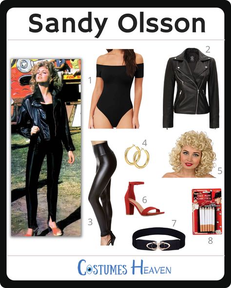 Try out the Sandy Grease costume to become a "female greasy woman." Show off your true self for Halloween or your next cosplay event with this outfit. #sandycostume #sandyolsson #cosplay #halloweencostume #costumesheaven Sandy Olsson Costume, Grease Movie Costumes, Plus Size Sandy Grease Costume, Grease Dress Up Ideas, Sandy Danny Grease Costume, Greese Costumes, Grease Movie Outfits, Sandy Makeup Grease, Grease Outfits Ideas