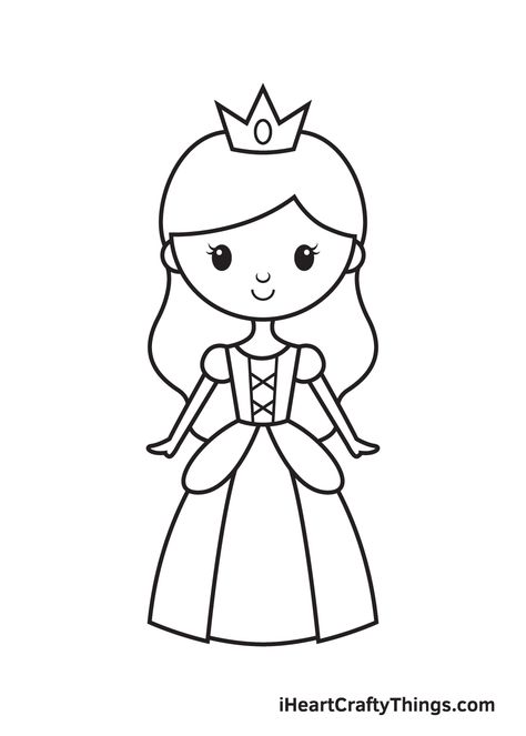 Princess Simple Drawing, Princess Outline Drawing, Cute Easy Princess Drawings, How To Draw A Queen, Cartoon Princess Drawings, Kids Cartoon Drawings, Simple Princess Drawing, Easy Drawing Princess, Cute Princess Drawings Easy