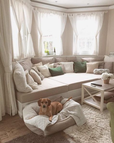 cozy bay window couch Bay Window Seat Pull Out Bed, Window Seat Under Bay Window, Bay Window Headboard, Sofas Ideas Living Room Bay Window, Reading Corner Bay Window, Basement Bay Window Ideas, Round Bay Window Seat, Bay Window Sofa Arrangement, Large Bay Window Seat