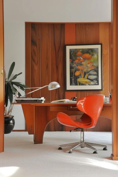 Mid Century Home Office: Style &amp; Functionality Office Midcentury Modern, Mid Century Office Space, Mid Century Home Office Ideas, 70s Style Office, Mcm Office Decor, 70s Interior Design Retro, Mid Century Home Office, 60s Office, 70s Office