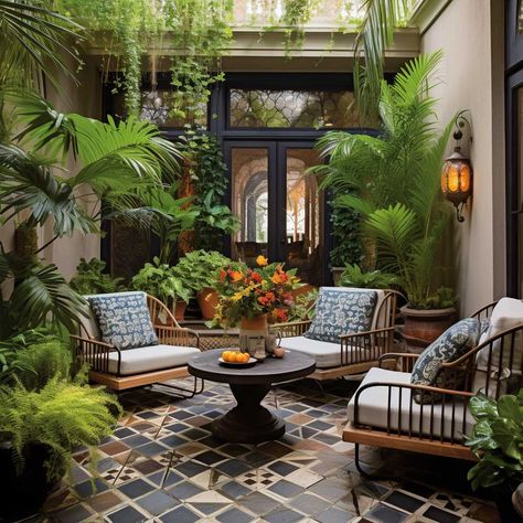 21+ Small Space Big Style Patio Design Solutions • 333+ Art Images British Colonial Outdoor Patio, Back Patio Oasis, Colonial Patio Ideas, Italian Inspired Patio, British Colonial Patio, Small Courtyard Ideas, Art Deco Patio, Beautiful Courtyards, Florida Patio