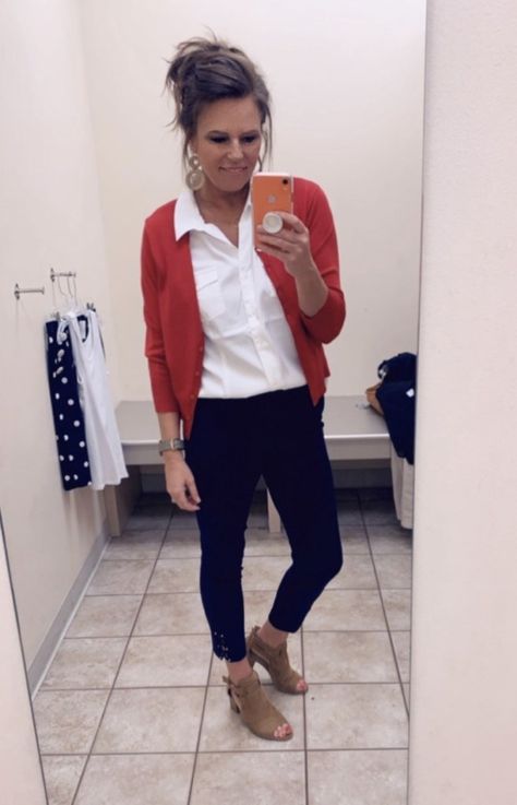 Short Cardigan Outfit, Cardigan Outfit Work, Cropped Cardigan Outfit, Beverly Ennis Hoyle, Cato Fashion, Cropped White Jeans, Happy Friday Everyone, Short Cardigan, Red Cardigan