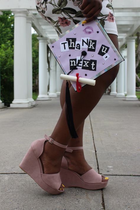 Ariana Grande inspired “Thank U, Next” grad cap #arianagrande #ariana #thankunext #gradcap #gradpic #gradcapidea #gradcapdecoration Thank U Next Graduation Cap, Ariana Grande Graduation Cap, Graduation Pictures With Kids, Lpn Graduation Pictures, Lpn Graduation, Diy Caps, Graduation Goals, Caps Ideas, Funny Graduation Caps