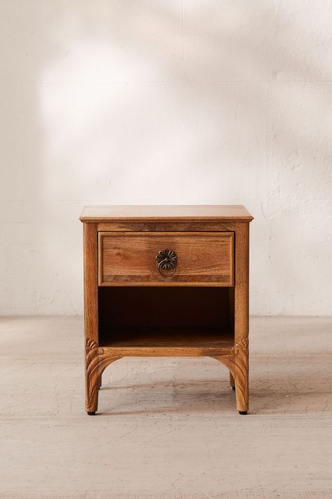 Andrea Carved Nightstand | Urban Outfitters Antique Wooden Nightstand, Antique Wood Nightstand, Rustic Wood Nightstand, Wooden Nightstand Aesthetic, Cottage Core Nightstand, Nightstand Aesthetic Decor, Cottagecore Nightstand, Thrifted Nightstand, Bedroom Ideas Nightstands