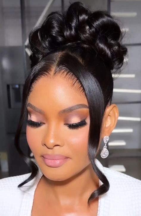 Md Hairstyles Black, Engagement Photos Hairstyles Black Women, Fronter Hairstyle, Silk Press Updo Black Women, Wig Updo Styles, Ponytail Hairstyles With Pearls, Kwanjula Hairstyles, Updo Bun Hairstyles Black Women, Black Brides Hairstyles Natural Hair