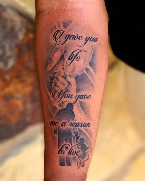 Mens Sleeve Tattoo Ideas Father Son, Father And Sons Tattoo Ideas, Tattoos For Your Son Dads, Father And 2 Sons Tattoo, Father Son Tattoo Quotes, Mom And Son Tattoos Ideas, Tattoos For Your Daughter Men, Tattoo Ideas For Father And Son, Father To Son Tattoo