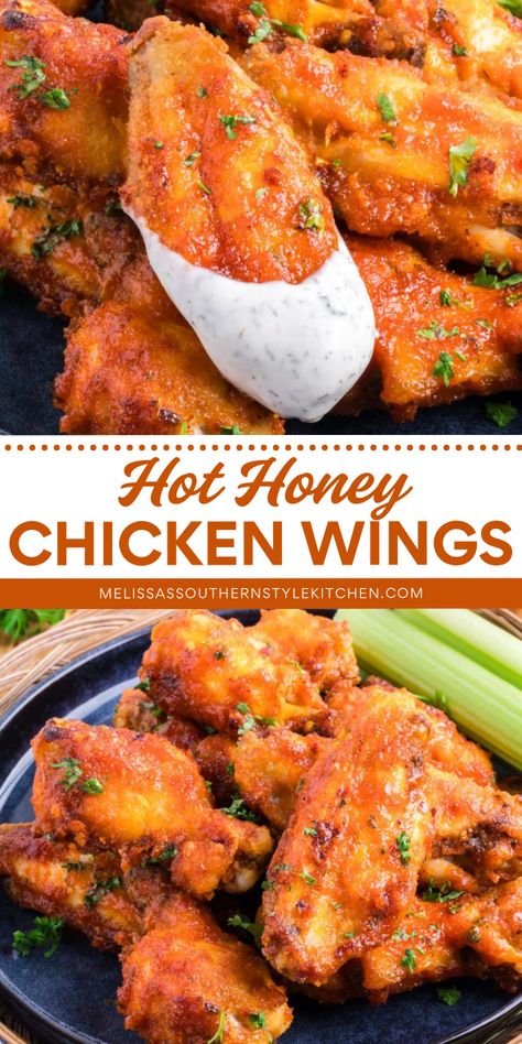 Looking for the perfect wings recipe? Look no further! These Hot Honey Chicken Wings are crispy, flavorful, and easy to make. Try them out and impress your friends at your next game day party. Oven baking, air fryer and deep frying instructions included! Hot Honey Wings Air Fryer, Air Fry Party Wings, Honey Garlic Chicken Wings Air Fryer, Easy Baked Chicken Wings Recipes, Recipe For Chicken Wings In Oven, Air Fryer Party Wings, Wings Sides Ideas, Hot Honey Wings Recipes, Hot Wings In Air Fryer