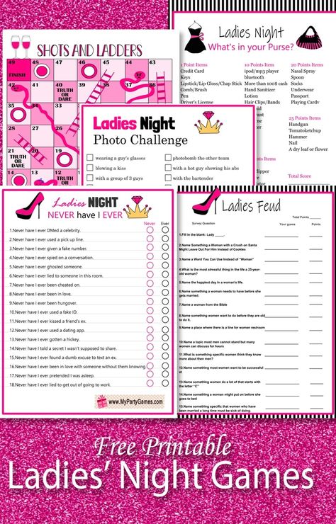 Free Printable Ladies' Night Games Fun Activities For Ladies Night, Girls Night Games Black People, Ladies Night Games Activities, Ladies Night Games Free Printable, Christmas Ladies Night Ideas, Ladies Game Night Ideas, Ladies Night Ideas Themes, Shots And Ladders, Girls Night Games Ideas