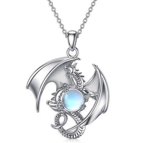 PRICES MAY VARY. DRAGON NECKLACE FOR WOMEN : Dragon is a Mythical Creature. It have Powerful Power and Magical Abilities. It's Symbolizes Firm and Power. Bring Good Luck for You even Your Love One. MATERIAL : Our Dragon Pendanr with moonstone is Handmade by Quality Craftsmen with Featuring a Dainty Design - The Dragon is Sculpted From Flowing Lines and Oxidation Process, which Spell out Mystery and Fashion Style! S925 Sterling Silver which is Highly Resistant to Rust, Corrosion, Discoloration. G Dragon Jewelry Necklace, Dragon Accessories, Magical Abilities, Necklace Dragon, Animal Themed Jewelry, Fantasy Necklace, Silver Dragon Necklace, Dragon Necklace, Mythical Creature