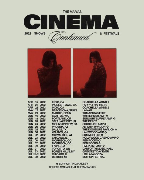 The Marías on Instagram: “cinema tour continued! ⁣ ⁣ of the shows that we postponed on our winter tour, there are rescheduled dates for salt lake city (june 20)…” Concert Dates Poster, Tour Dates Poster Design, Graphic Design Band Poster, Tour Posters Design, Tour Poster Ideas, Tour Graphic Design, The Marias Poster, Music Tour Poster, Tour Dates Poster