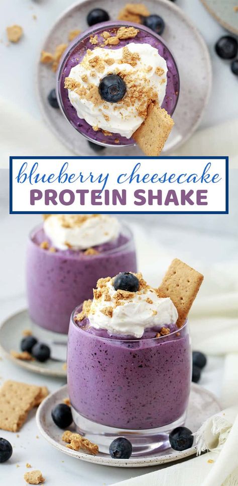 Protein Shake Recipes Blueberry, Cheesecake Smoothie Healthy, Desert Protein Shake, Easy Simple Protein Shakes, Blueberry Cheesecake Smoothie, Blueberry Shake Recipe, Protein Shake Peanut Butter, Blueberry Protein Shake Recipe, Breakfast Protein Shake