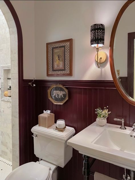 Guest Bathroom Remodel - Maroon Bathroom, Burgundy Bathroom, Moody Vintage, Guest Bathroom Remodel, Bathroom Red, Home Styles, Downstairs Bathroom, Upstairs Bathrooms, Vintage Bathroom