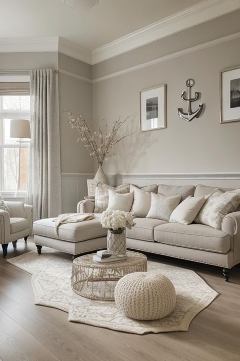 Experiment with this precise design and furnishings in your own area using AI HomeDesign with just one simple click!Beige, Cream, Muted, Neutral, Soft, Dreamy, Light, Silver, Brown, White, Living room, Couch, Chair, Ottoman, Coffee table#LivingRoom #NeutralColors #MutedTones #InteriorDesign #BeigeCream #DreamyLight #SilverAccents #HomeDecor #AIHomeDesign #SoftPalette Light Paint Color For Living Room, Cream White Walls Living Room, Cream White Living Room Decor, Dining Table Next To Couch, Neutral Living Room With Grey Couch, Cream And Grey Living Room, Cream And Beige Living Room, Grey And Beige Living Room, Cream Living Room Ideas