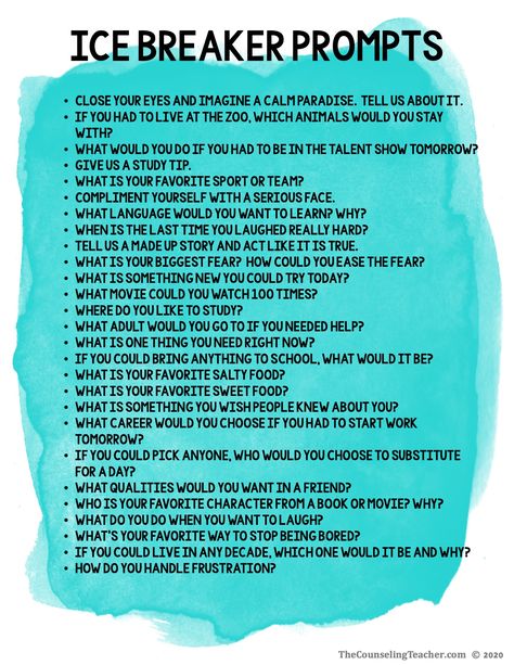 Ice Breaker Games For Group Therapy, Teen Ice Breaker Questions, Group Counseling Ice Breakers, Life Group Ice Breakers, Ice Breaker Group Therapy, Leadership Ice Breaker Games, Ice Breakers After Winter Break, Third Grade Ice Breakers, Ice Breakers For Group Therapy