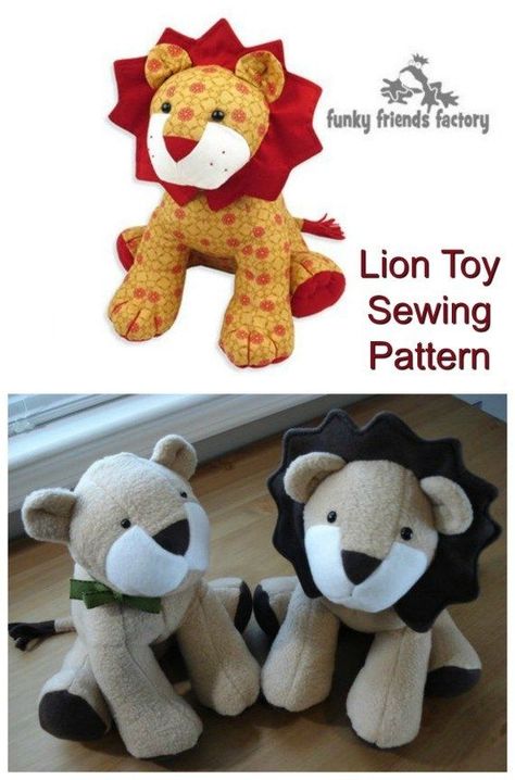 Cuddly lion toy sewing pattern. Sewing pattern for both male and female lions, so you can sew your own lion pride. Baby, toddler and child soft plushie toy lion sewing pattern. Sew a patchwork lion plushie using scraps of cotton or fleece. #BabySewingPattern #ToddlerSewingPattern #SewALionToy #CuteLionToyPattern #LionToyPattern #LionSoftiePattern #LionPlushiePattern Lion Plushie Pattern, Lion Toy Pattern Sewing, Cuddly Toy Pattern Sewing, Lion Pattern Sewing, Lion Sewing Pattern Free, Lion Plush Pattern, Lion Plushie, Toddler Sewing Patterns, Lion Toys