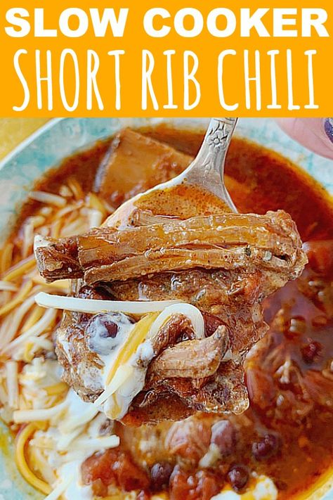 Slow Cooker Short Rib Chili | Foodtastic Mom #chilirecipes #chilirecipescrockpot #shortribsrecipe Short Ribs Chili Recipe, Beef Broth Recipes, Small Crockpot Recipes, Short Rib Chili, Ohio Food, Beef Back Ribs, Short Ribs Slow Cooker, Slow Cooker Ribs, Short Ribs Recipe