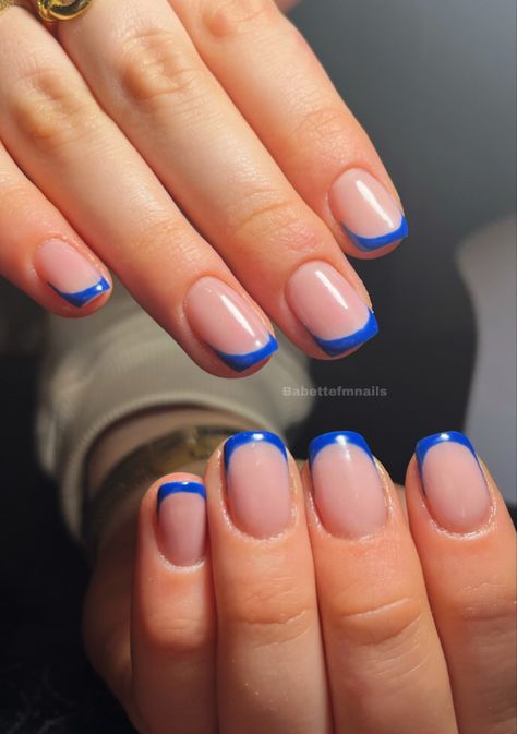 French Tip Blue Nails Short, Blue Gel French Tip Nails, Blue French Tip Nails Natural Nail, Blue French Tip Gel Nails Short, Short Nails With Blue Design, Blue Tip Nails Short, Short Square Cute Nails, Squoval Biab Nails, Royal Blue French Tips Square