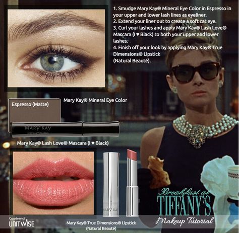 "Breakfast at Tiffany's" makeup tutorial Breakfast At Tiffany's Costume, Audrey Hepburn Makeup, Mary Kay Looks, Mary Kay Party, Mary Kay Ideas, Mary Kay Cosmetics, Holly Golightly, Mary Kay Business, Audrey Hepburn Style