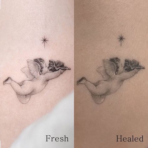 Healed Fineline Tattoo, Healed Tattoo Vs Fresh Fine Line, Fine Line Tattoo Healed, Minimal Angel Tattoo, Healed Fine Line Tattoo, Rememberance Tattoo, Tattoo Peeling, Can Tattoo, Tattoo Healing Process