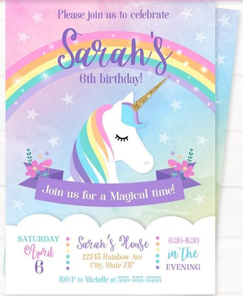 Sweet Party with Rainbow Unicorn Invitation Template – FREE Printable | FREE Invitation Templates - Drevio Rainbow Unicorn Party Invitation, Unicorn Theme Invitation Template, Unicorn Theme Invitation Card, Unicorn Theme Birthday Invitation, Invitation Unicorn Birthday, Unicorn Invite, Unicorn Birthday Card Free Printable, Unicorn Birthday Invites Free Printable, Free Unicorn Invitation Template