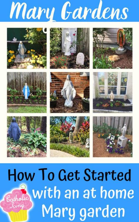 This post has lots of good info from how to choose flowers, how to plan your garden, and how to get the kids involved. This is a great activity to do with Catholic kids! #catholic #catholickids #marygarden #mary #ourlady #liturgicalliving #domesticchurch #catholicicing Faith Garden Ideas, Mary Garden Ideas Backyards, Marian Garden Ideas, Garden Statues Ideas Landscaping, Virgin Mary Statue Garden, Marian Grotto, Raised Garden Beds Ideas, Garden Beds Ideas, Meditation Gardens