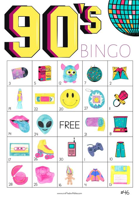 50 90's Bingo Cards Classroom Game, Bingo Game, 90's Party Game, Work Office Game Games for adults Game night 90's Birthday Games Activities 1990s Birthday Party Theme, 90s Theme Party Decorations, 90s Party Ideas, 90s School, Game Bingo, Free Bingo Cards, Bingo Party, 90s Theme Party, Adult Party Themes