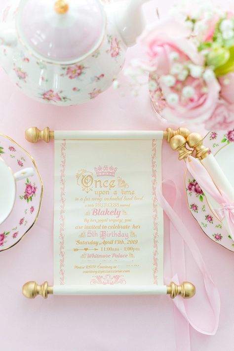 Boho Disney Princess Birthday Party, 5 Th Birthday Girl Party Ideas, Princess Theme Birthday Party 1st, Tea Party 5th Birthday, 1st Birthday Princess Theme, Princess Theme Invitation, Disney Princess Tea Party, Princess Tea Party Birthday, Princess Party Cake