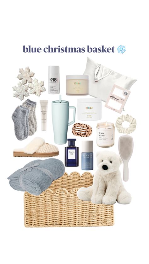 Christmas gift basket inspo Blue Christmas Basket Gift Ideas, Small Christmas Gift Basket Ideas, Burr Basket Inspo Christmas, Christmas Basket Gift Ideas Kids, Winter Basket Ideas, Bur Basket, Winter Basket, Blue Gift Basket, Winter Gift Basket