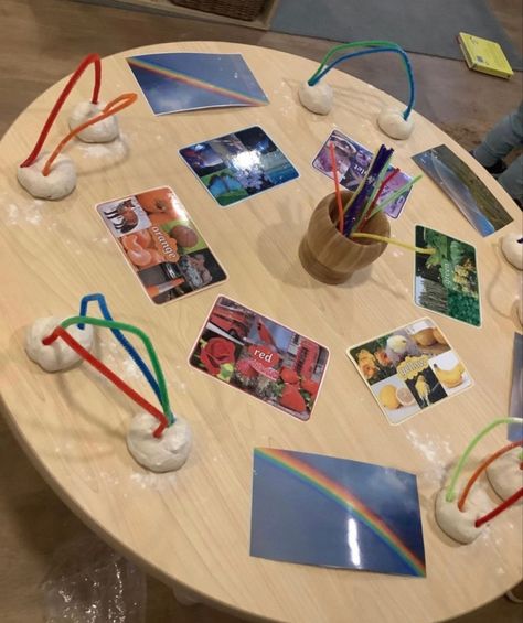 Weather theme 🌧️ using pipe cleaners to make our rainbows! Weather Investigation Table, Home Corner Activities, Weather Eyfs Activities, Peace At Last Activities Eyfs, Weather Eyfs, Eyfs Weather, Sensory Area, Peace At Last, Eyfs Ideas